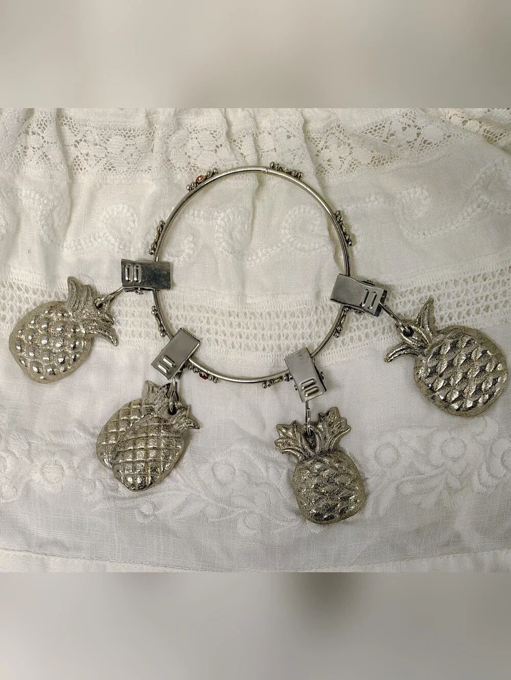 VTG Silver Pewter Pineapple Clip Tablecloth Weight Set (4) Charming Decor Accent
